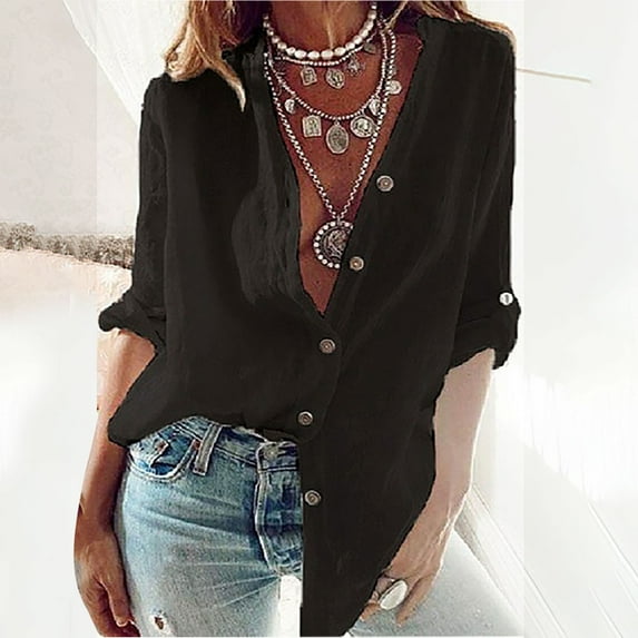 SDNall Womens Button Up Shirt Summer Casual Stand Collar Neck Long Sleeved Color Loose Shirt (Black,Sizes:S-5XL)