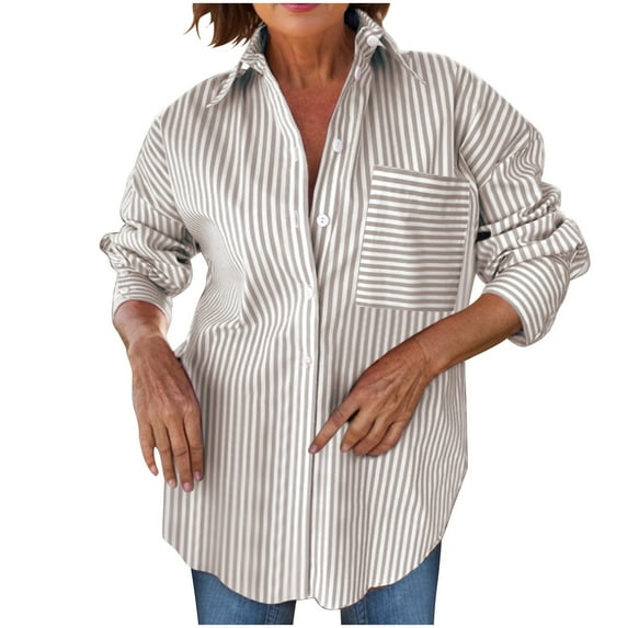 SDNall Womens Casual Tops, Women'S Blouses and Tops, Womens Long Sleeve Tops, Women'S Casual Long Sleeve Turndown Collar Stripe Printed Blouse Top with Pocket, Long Sleeve Blouses for Women
