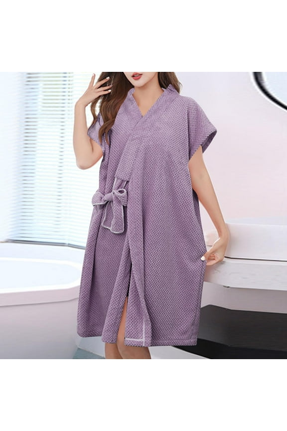 Womens Coral Fleece Robe, Short Sleeve Tie-Wrap Bathrobe for Quick Dry