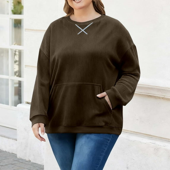 SDNall Womens Corduroy Pullover Top, Plus Size Long Sleeve Round Neck Shirt with Pockets for Fall and Winter