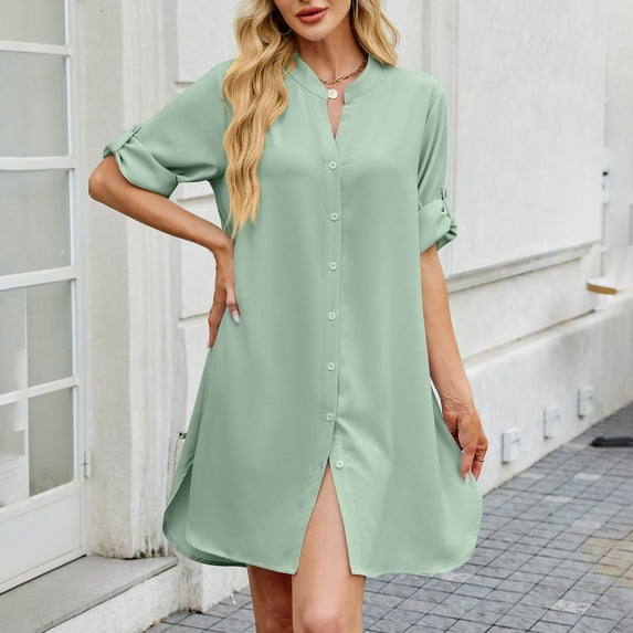 SDNall Womens Dresses Summer, Womens Dress Shoes, Dress with Sleeves, Womens Sexy Fashion Solid Color Shirt Dress Elbow Sleeve V-Neck Dress, Long Shirt Dress, Womens Dress Shirts