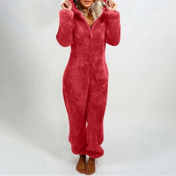 SDNall Womens Feelce Jumpsuits Long Sleeve Hooded Jumpsuit Pajamas Casual Winter Warm Rompe Sleepwear (Red, Sizes S-XXXXXL)