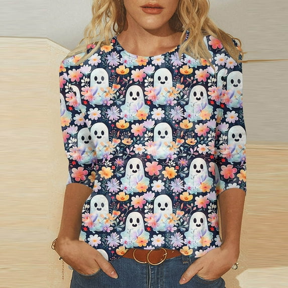 SDNall Womens Halloween Shirts Ghosts Flower Print Cute Funny Graphiccrewneck 3/4 Sleeve Tops Halloween Gift T Shirt (S-XXXL,White)