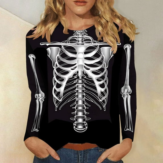 SDNall Womens Halloween T-Shirts Skeleton Graphic 2024 Halloween Women Fashion Tees Casual Round Neck Loose Cute T-Shirt Long Sleeve Ladies Top