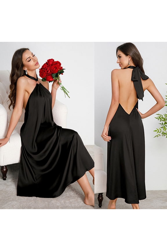 Womens Halter Nightgown, Solid Color Low Back Long Slip Sleep Dress
