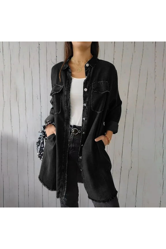 Womens Long Denim Jackets Plus Size Trench Coat Open Front Cardigan Button Down Long Sleeve Classic Jeans Jackets (S-2XL,Black)