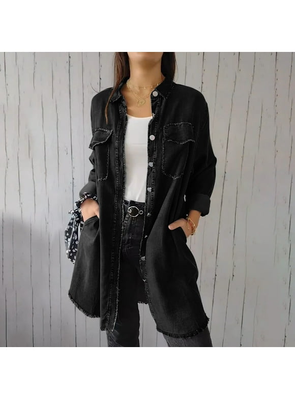 Womens Long Denim Jackets Plus Size Trench Coat Open Front Cardigan Button Down Long Sleeve Classic Jeans Jackets (S-2XL,Black)