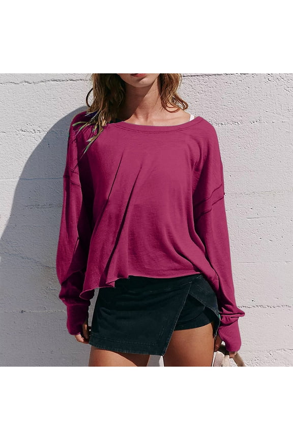 Womens Open Back Workout Top Backless Long Sleeve Crewneck Sweatshirts Running Crop Top Cutout Back Hem Athletic Gym Yoga Tee with Thumb Hole (S-XXL,Purple)