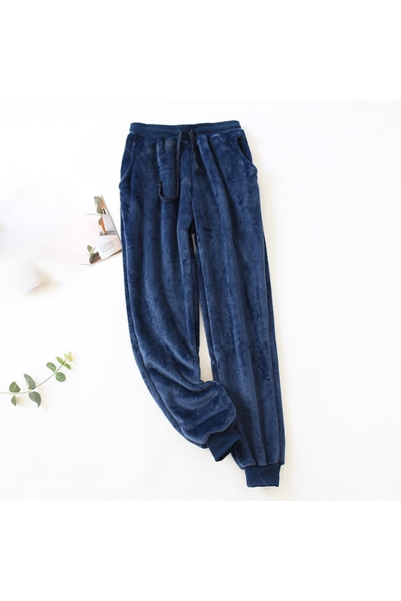 Womens Plush Fleece Sleep Pants, Solid Color Thermal Lounge Pants with Drawstring Waist, Pocket and Cuff Hem