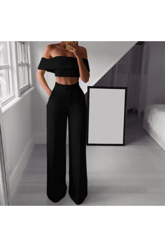 Womens Short Shorts, Womens Spring/Summer Solid one-Line Shoulder Ruffled Short Sleeve Floor-Length Pocket Pantsuit