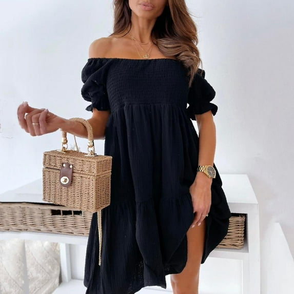 SDNall Womens Off the Shoulder Short Sleeve High Low Cocktail Skater Dress Shoul Solid Color Loose Casual Backless Short Sleeve Dress Cocktail Dress (Black, Sizes S-XL)