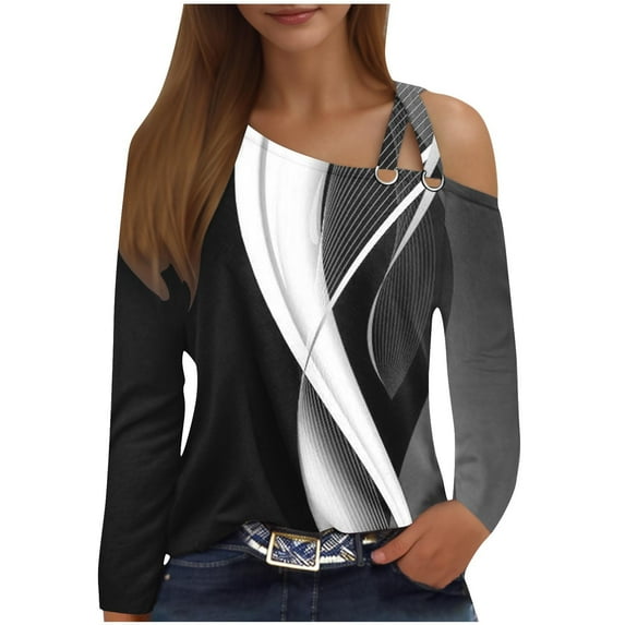 SDNall on Shoulder Top, Womens Circular Double Suspender Sloping Shoulder Long Sleeved T-Shirt Top