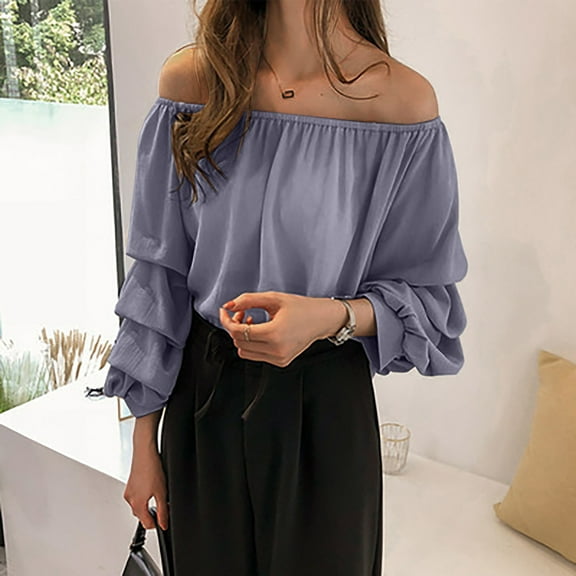 SDNall one on one, off Shoulder Shirt, one Shoulder Shirt, Ladies' Casual Solid Color one Neck off Shoulder Loose Chiffon Shirt Long Sleeved