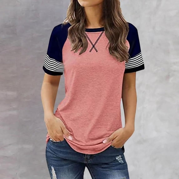 SDNall women's t-shirts Summer Fashion Loose Casual Patchwork Crew-neck T-shirt Top summer tops