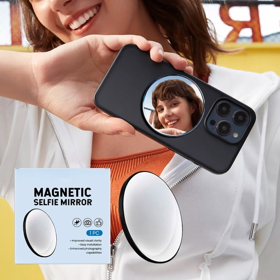 SDOHIG Aluminum Alloy Phone Selfie Mirror, Magnetic Suction for iPhone 16 & Compatible Models, Camera Assist Convex Mirror, Black