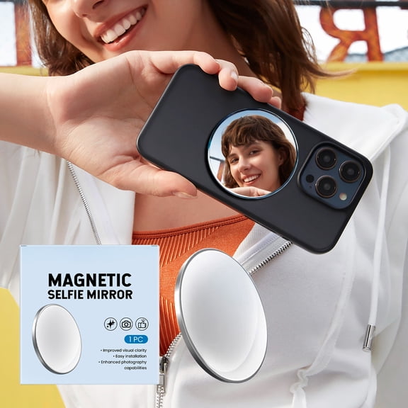SDOHIG Aluminum Alloy Phone Selfie Mirror, Magnetic Suction for iPhone 16 & Compatible Models, Camera Assist Convex Mirror, Silver