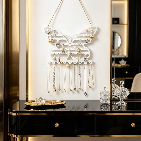 SDOHIG Butterflies Shaped Wall Mounted Jewelry Organizer, Decorative Metal Display Rack, Decorative Metal Earring and Necklace Holder for Bedroom or Closet, Stylish Organizer with Easy Hanging, White