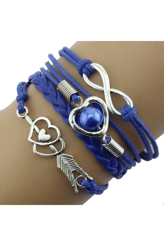 Cupid Arrow Heart Pearl Antique Leather Rope Bracelet, Multilayer Wrap, Friendship Style, Blue