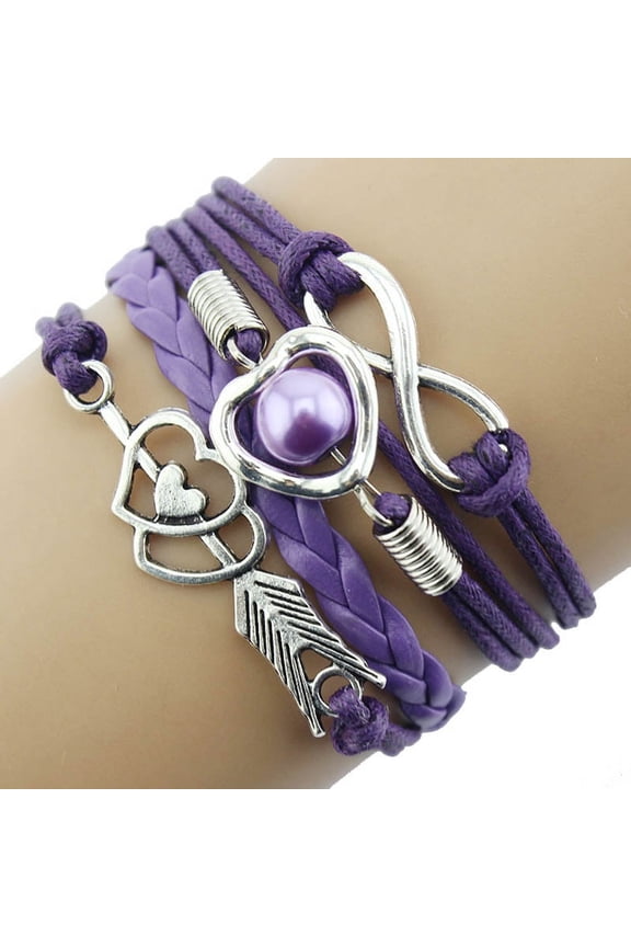 Cupid Arrow Heart Pearl Antique Leather Wrap Bracelet, Multi-Color Adjustable Friendship Bracelet, Purple