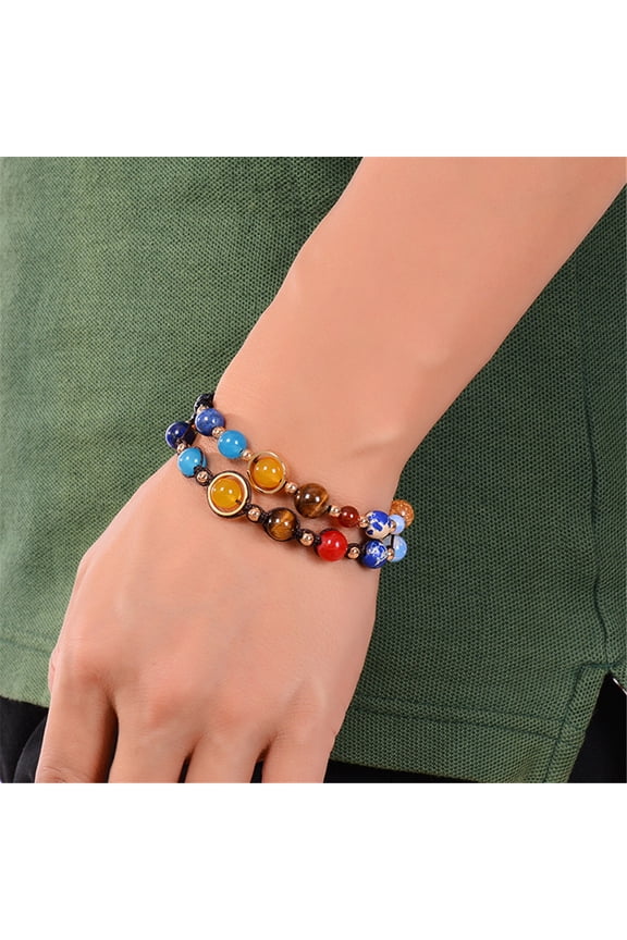 Natural Lava Stone Eight Planets Bracelet, Solar System Beaded Chakra Bangle, Unisex Universe Themed Jewelry