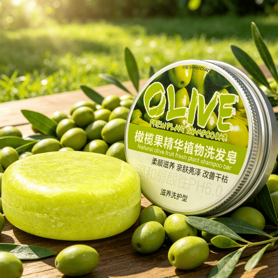 SDOHIG Olive Fruit Fresh Plant Shampoo Bar, Natural Hand Soap and Shampoo, Deeply Nourishes Dry Scalp and Hair, Gentle Cleansing for All Hair Types, Travel Size Solid Bar, 60g