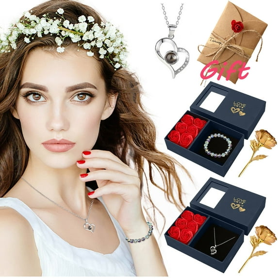 SDOHIG Preserved Flowers Eternal Roses with Necklace Gift Set, Jewelry Necklace Gift Boxes with 6 Lifelike Faux Roses, Rose Gift Box for Women, Valentines Day Mother's Day Gifts
