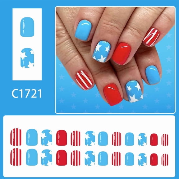 SDOHIG Reusable Flag Stripe Nails with Five-Point Star, Short Square Press Ons for Soccer Fans and Sport Events, 24PCS