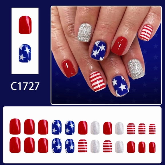 SDOHIG Soccer Firework Glitter Nails, Short Square with Goal Star Pattern and Rhinestone Accent, Press Ons for Football Celebration Night, 24PCS