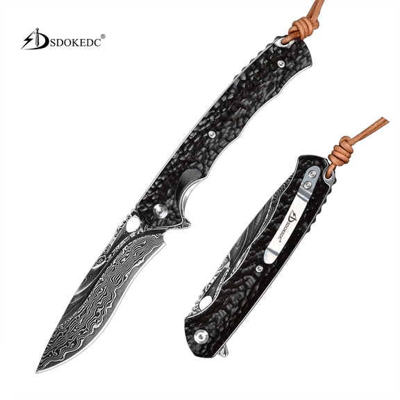 SDOKEDC VG10 Damascus Folding Pocket Knife, Ebony Handle EDC Collectible Utility Knife for Everyday Carry