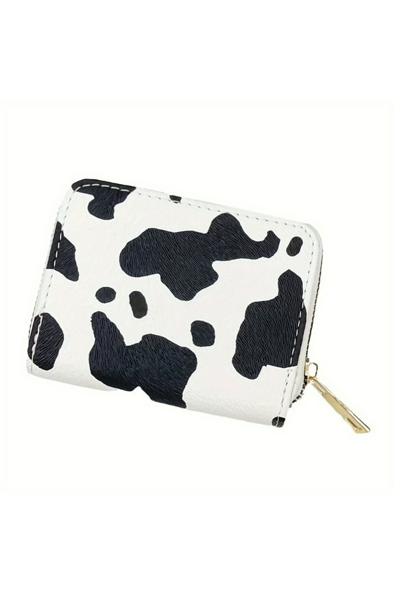 1  Stylish Cow Pattern Mini Short Wallet  Zipper Around Coin Purse  Women‘s Credit Card Holder