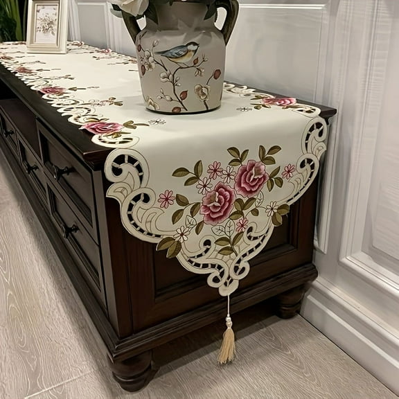 SDOTXA 1pc Vintage Floral Lace Embroidery Table Runner - Elegant Retro Tablecloth with Tassels  Soft Linen Fabric  and Exquisite Stitching - Perfect for Home Decor  Dining Table  Dressing