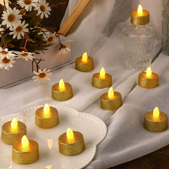 SDOTXA 24 Pieces Romantic Glitter Candle Flameless Tea Lights Votive Candle Electric Fake LED Candle for Wedding Anniversary Table Party Decor (Gold Glitter) Glitter