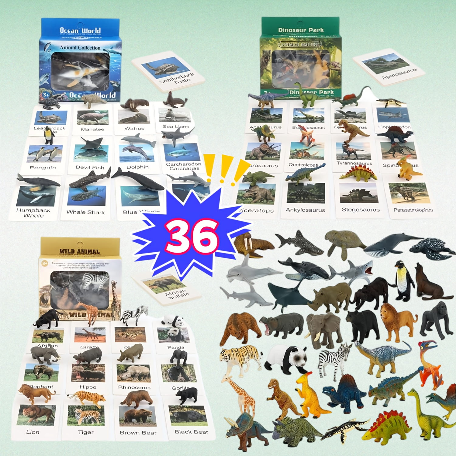 SDOTXA 36pcs Dinosaur&Jungle&Ocean Small Animal Figurines Learning