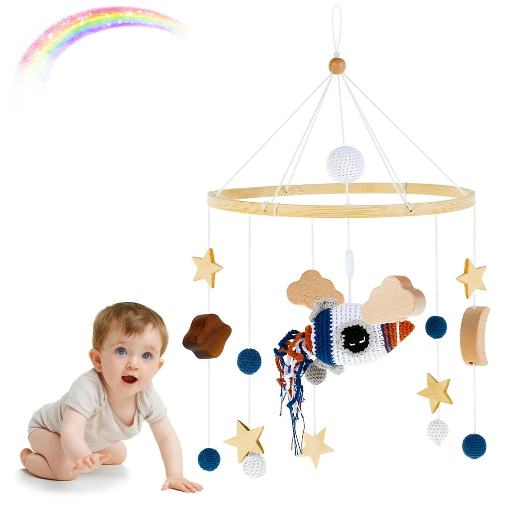 SDOTXA Baby Musical Crib Mobile Wooden Hanging Baby Bed Bell with Felt Balls Cloud Star Wood Crocheted Mobile Newborn Toys Cot Bed Pendant Decoration for Infants Boys Girls Bedroom