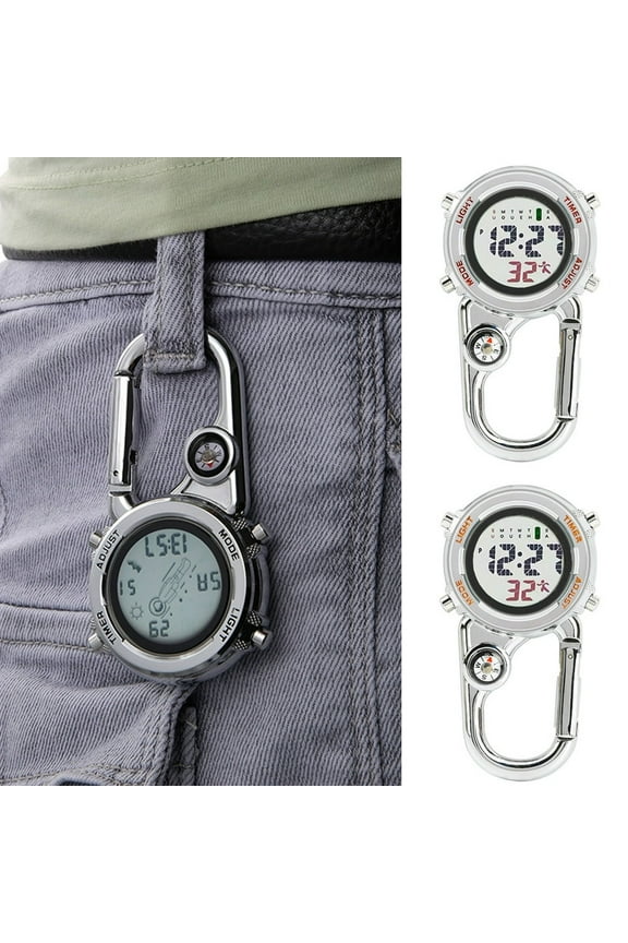 Clip on Digital Quartz Watch Backpack Belt Waterproof and Shockproof Anti-oxidation Pocket Watch Glow in The Dark Carabiner Watch with Compass Alarm Clock Date Week for Outdoor