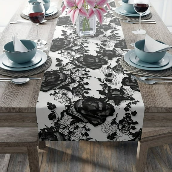 SDOTXA Elegant Black Gothic Lace Table Runner with Roses - Perfect for Any Occasion - Machine-Made  Polyester Material