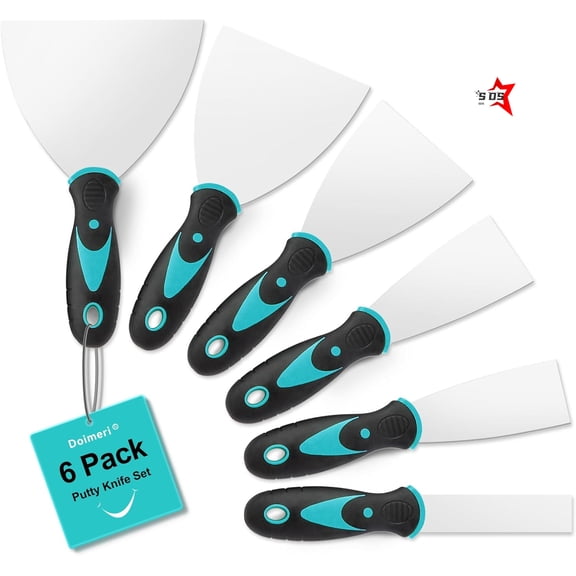 SDS 6 Pack Putty Knife, 1 1.5 2 3 4 5 Spackle Knives, Premium Stainless Steel Paint Scraper, Perfect Tools for Repairing Drywall, Removing Wallpaper, Applying Mud or Plaster