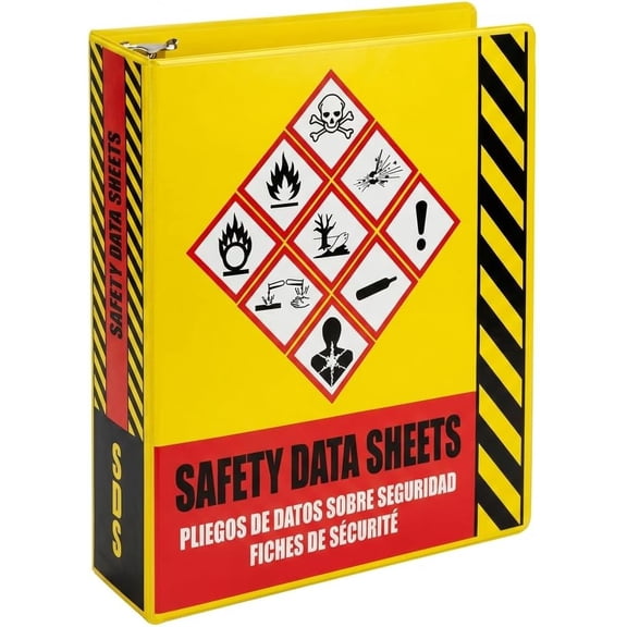 SDS Binder, Heavy Duty 3 Ring Binder with 1.5 in Capacity Holds 250 Pas, Trilingual EnglishSpanishFrench, Durable and Highly Visible Safety Data Sheets, Yellow