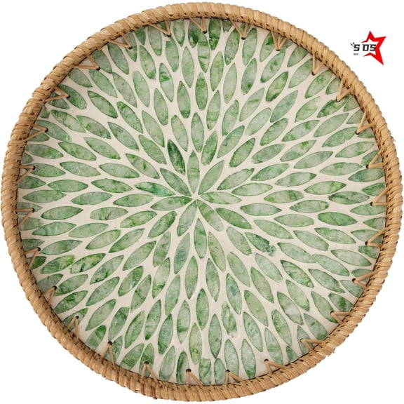 SDS Decorative Coffee Table Trays for Home Decor, Round Rattan Tray with Mother of Pearl Inlay, Small Wicker Woven Serving Tray Decor for Kitchen Counter, Living Room and Ottoman, Green