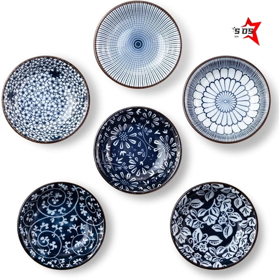 SDS Dipping Bowls, Soy Sauce Dish Ceramic, 3 OZ Small Serving Bowls for Side Dishes Vintage Blue Stylish Design, Set of 6 Mini Appetizer Plates for Condiment Sushi Ketchup BBQ Party, 4 Inch