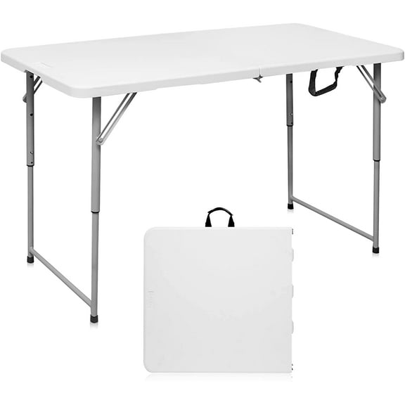 SDS Folding Table 4 Foot Portable Heavy Duty Plastic Fold-in-Half Utility Table Small Indoor Outdoor Adjustable Height Folding with Carrying Handle, Camping and Party,White | Portable, Heavy Duty