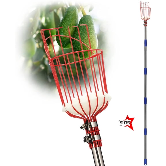 SDS Fruit Picker Pole Tool with Basket Long Handle, 35-65 Inch Adjustable Apple Orange Picker Pole Tool with Basket for Avocado Acorn Lemon Pear Mango Tree Picker