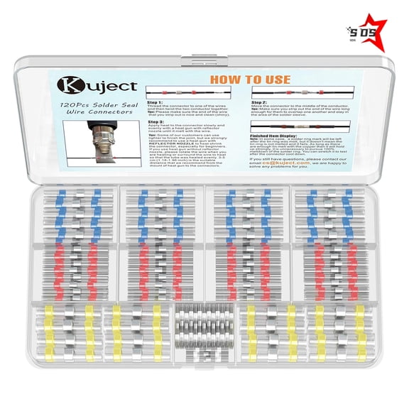 SDS Heat Shrink Solder Seal Wire Connectors Kit 120PCS, Waterproof Butt Connector Heat Shrink Electrical Terminals, Insulated Solderless Wiring Splice Connectors for Marine Automotive Boat Truck