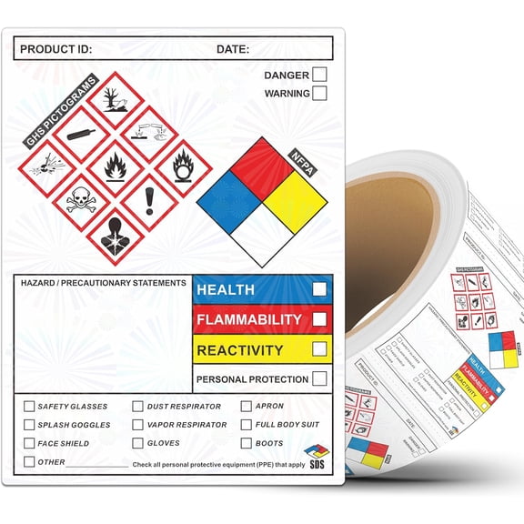 SDS OSHA Data Labels 4 x 3 Inches, Roll of 250 Stickers for Chemical Safety, GHS Pictograms & Perforated Edges, HMIS & Hazard Compliant, Secondary Containers