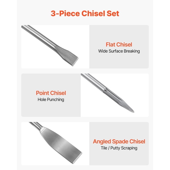 SDS Plus Chisel Set, 3 pcs SDS Plus Rotary Hammer Drill Attachments, Includes Point, Flat, & Angled Spade Chisels, Heat Treated 40Cr Alloy Steel, Sharp Edge for Demolition, Concrete and Brick