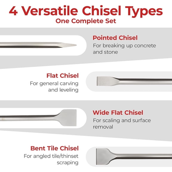 SDS Plus Masonry Chisel Set  4-Piece Heavy-Duty Chisel Bits for  Drill  Includes Flat, Pointed & Tile Chisel  Concrete, Tile Removal Tool$$Tools & Hardware Other