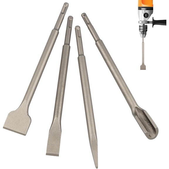 SDS Plus Masonry Chisel Set, 4 pcs Tile Removal Chisel Bits for SDS Plus Rotary Hammer Drill Attachments, Home Improvement Tile Grooving Scraping Flat Point Scaling Chisels (COLOR:Silver)
