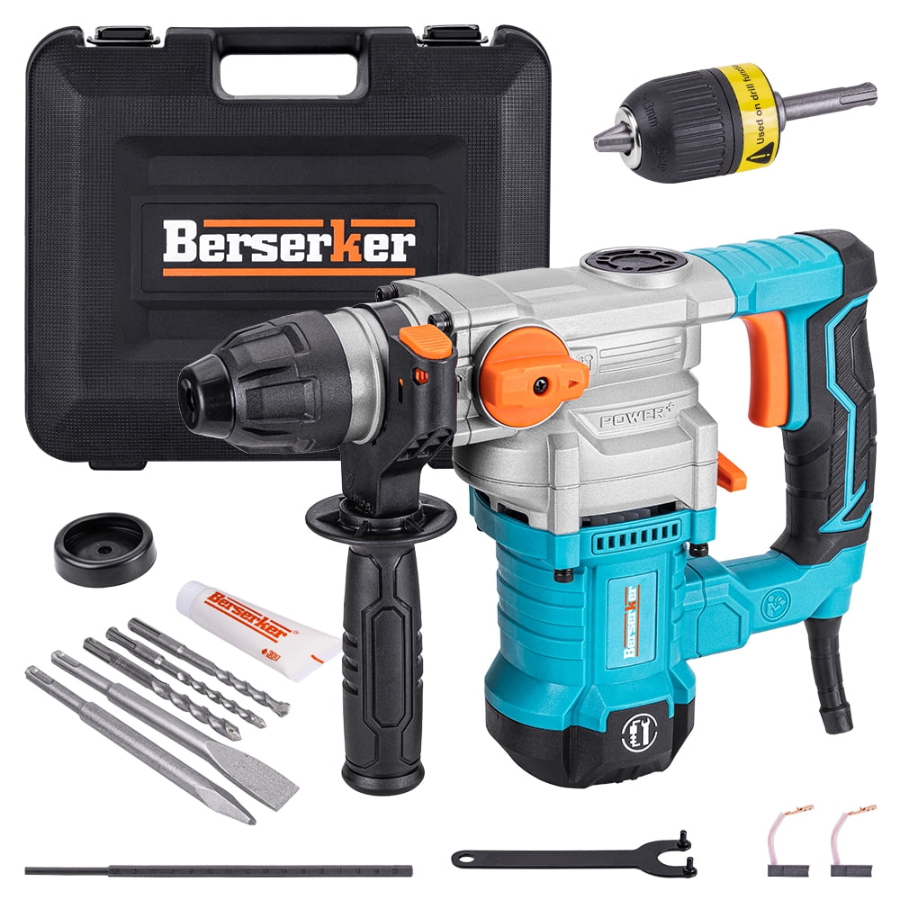 BERSERKER SDS Plus Rotary Hammer with Safety Clutch, 3-Function Corded Electric Concrete Drill, Includes 7-Piece Accessory Kit with Keyed Chuck, Drill Bits, Flat and Point Chisels, Carrying Case