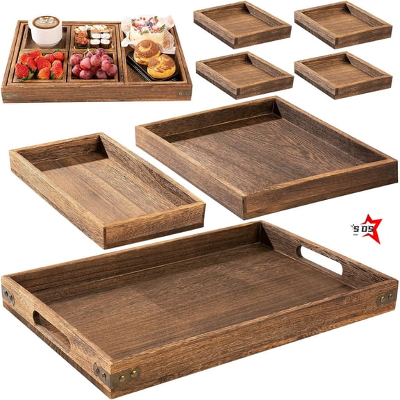 SDS Rustic Wooden Serving Trays with Handle - Set of 7 Rectangular Platters for Entertaining, Breakfast, Coffee Table, Home Decor