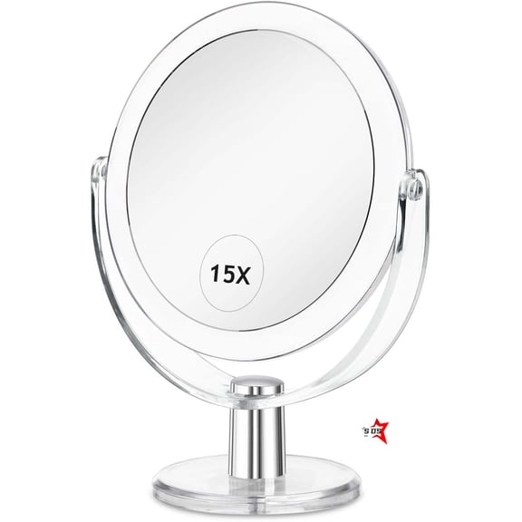 SDS Vanity Makeup Mirror with Stand, 1X/15X Magnification Double Sided 360 Degree Swivel, Portable Table Desk Counter top Magnifying Mirror, Tabletop Bathroom Shaving Mirror, 6.25 Inch